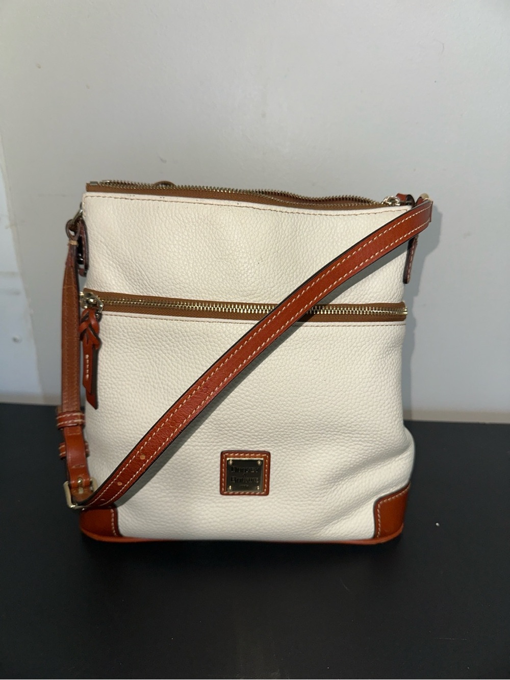 Dooney & Bourke Cream Pebble Leather Crossbody with Brown Trim
